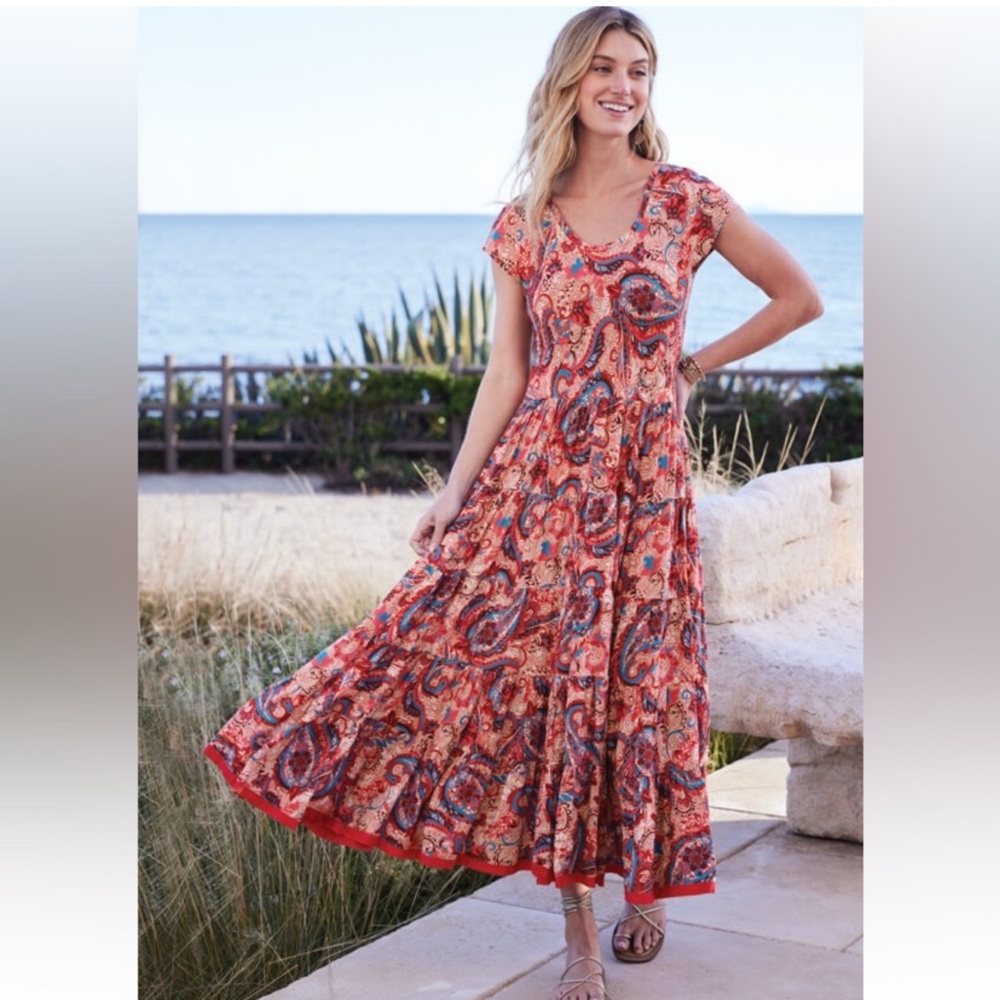 Soft Surroundings Kara Maxi Dress Short Sleeve Tiered Framboise Paisley, Medium - Picture 3 of 15